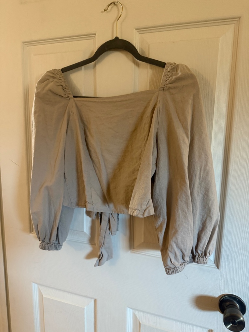 Express Beige Puff Sleeve Tie-Front Blouse